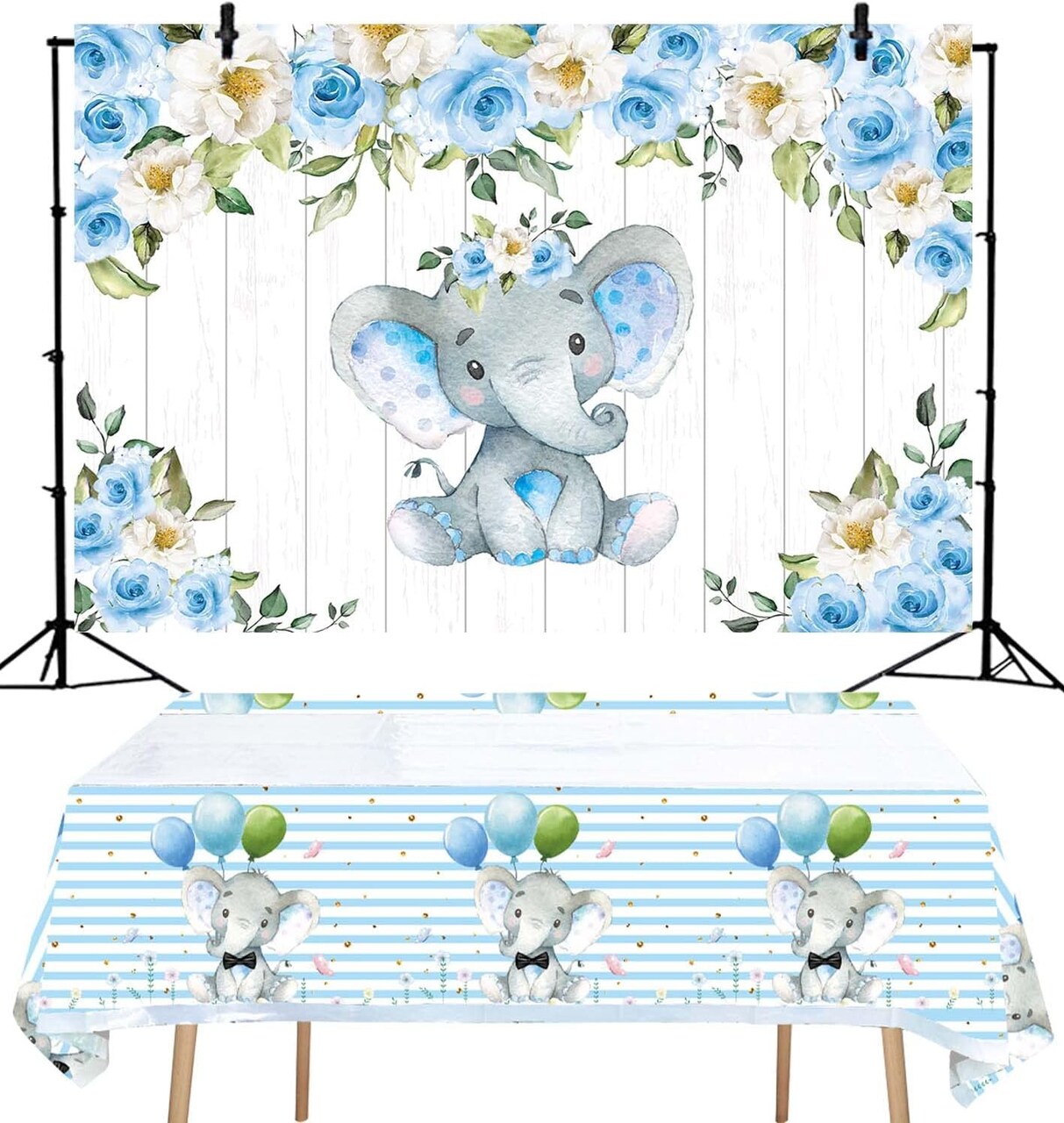 Blue Watercolor Elephant Elephant Flowers Party Backdrop Table Cover